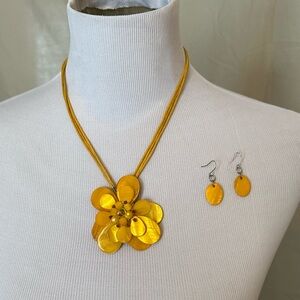 Yellow Floral Necklace & Earring Set flower, silver iridescent marigold mustard